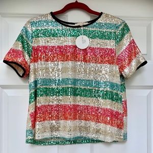 NWT Pastel Striped Sequin T-Shirt, Rainbow Multicolor, Size L